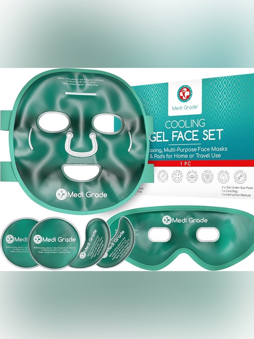 Cooling Gel Face Set - Teal Green Soothing Mask & Eye Pads